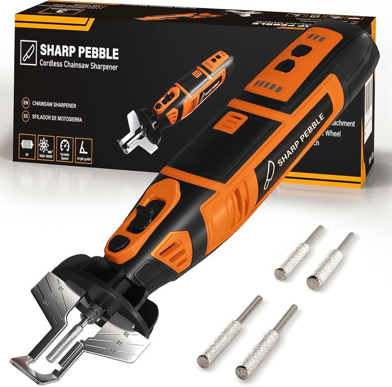 Sharp Pebble Electric Cordless Chainsaw Sharpener Kit - Comes with Chain Saw Sharpener Tool, 4 File Size Sharpening Wheels, Angle Attachment, Wrench & eBook - Image 1